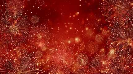 Abstract red background with glittering golden fireworks and shimmering bokeh effects