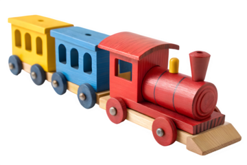 Colorful wooden toy train with three cars isolated on transparent background