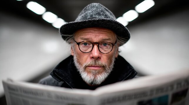 A thoughtful man reading a newspaper while seated within a subway station, capturing a moment of introspection amid the hustle and bustle of urban life.