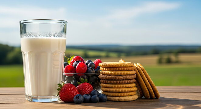 Fresh milk glass berries cookies outdoors sunny day healthy snack countryside setting wooden table summer breakfast