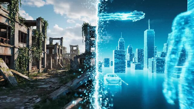Futuristic digital transformation scene depicting a transition from a decayed urban landscape to a vibrant cityscape, showcasing technology and nature, camera pans across the scene