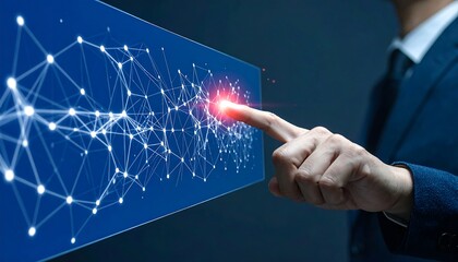 Innovative businessman interacts with futuristic network interface, unlocking digital potential with a single touch, representing advanced technology and progress