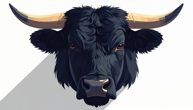 Vector illustration of a powerful black bull head with imposing horns, symbolizing strength, aggression, and the stock market
