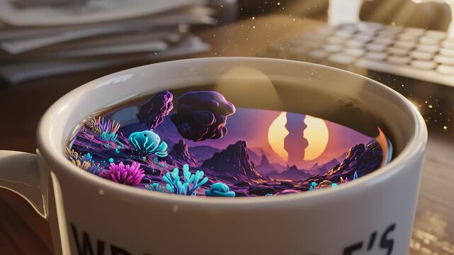 Coffee Cup Displays Landscape Reflection, Writer's Fuel Concept Animation