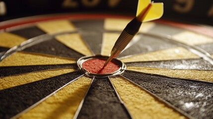 Close-up of a dart hitting the bullseye on a dartboard, capturing the precision and skill in a game of darts with a focus on the colorful board and dart.
