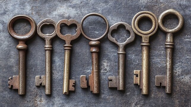 Collection of Vintage Skeleton Keys on Rustic Background Illustrating Historical and Antique Design Concepts