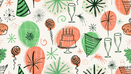 Retro style birthday party pattern featuring cake, balloons, and party hats for festive celebrations design