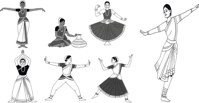 Collection of diverse black and white vector illustrations depicting various classical indian dance poses isolated on