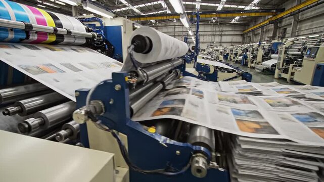 Printing press in action, showcasing vibrant color sheets emerging from rollers, with dynamic camera movement capturing the intricate machinery and workflow process