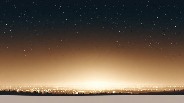 Vast horizon glows softly under night sky, blending warm and cool tones, stars twinkle