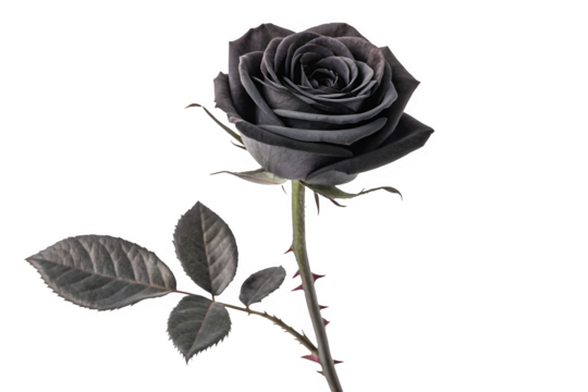 Dark gray rose with leaves isolated on transparent background