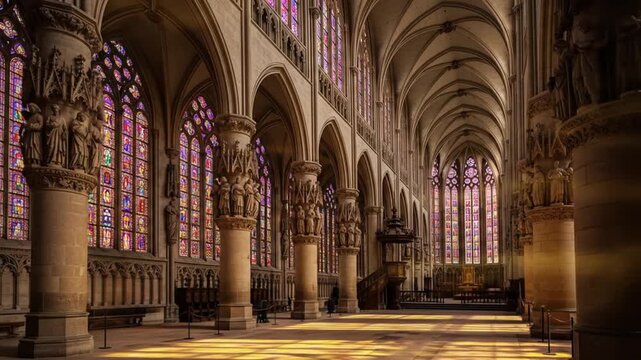 Interior of a grand cathedral with stained glass windows casting colorful light.