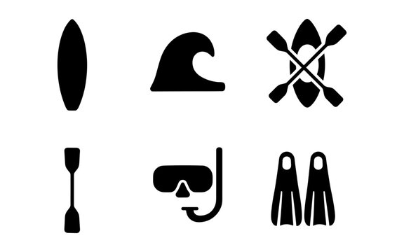 Water sports icon set: simple silhouettes for surfing, snorkeling, and kayaking