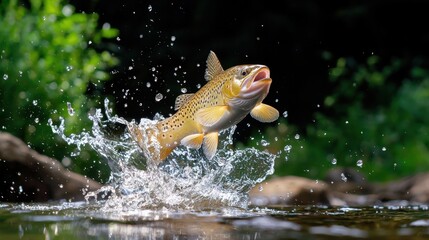 Brown trout jumping out of water with splashes in nature scene
