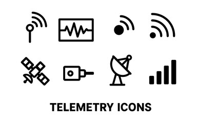Minimalist telemetry icons with satellite, signal, and antenna designs