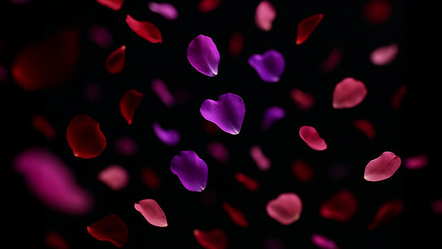 Falling Multicolor Rose Petals on Black Background