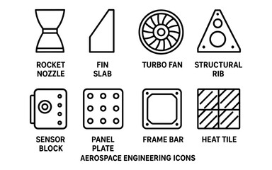 Aerospace engineering icons set: rocket parts and components in linear design