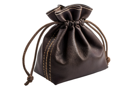 Dark brown drawstring pouch with decorative stitching isolated on transparent background