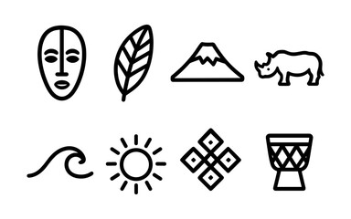 Fototapeta premium Black line icons of african culture: patterns, nature, and symbols
