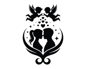 Silhouette of couple in love with angels and hearts for valentine s day