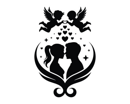 Silhouette of couple in love with angels and hearts for valentine s day
