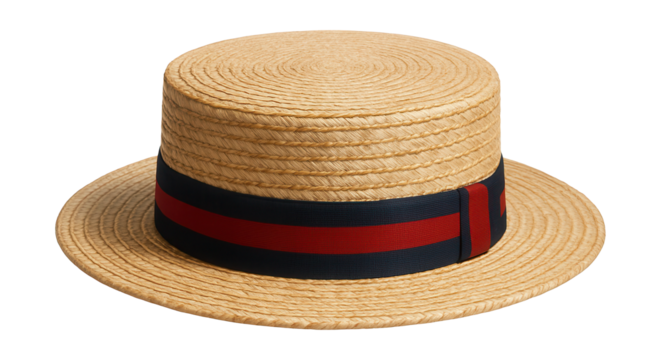 Vintage-inspired straw boater hat featuring a red striped band.