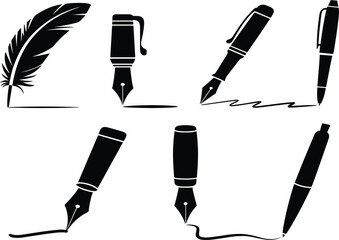 Set of Six Writing Pen Silhouettes, Classic Quill and Modern Fountain Pens, Signature Education Stationery Office Vector Graphic Collection