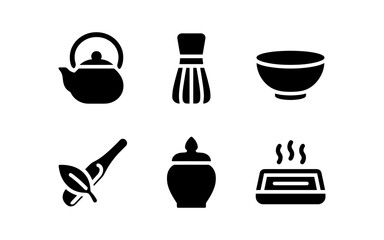 Minimalist tea ceremony icons set: teapot, matcha whisk, bowl, traditional elements