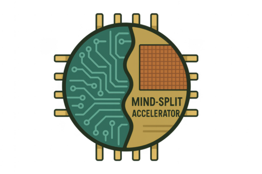 Circular microchip with circuit board and text on transparent background
