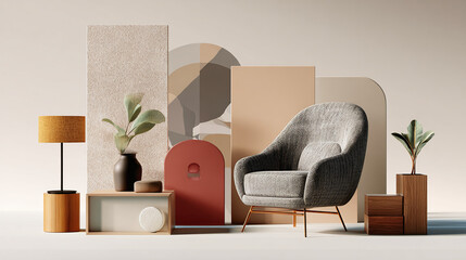 An elegant and stylish interior design arrangement, featuring a modern chair, decorative panels, and indoor plants, creating a harmonious and aesthetically pleasing composition