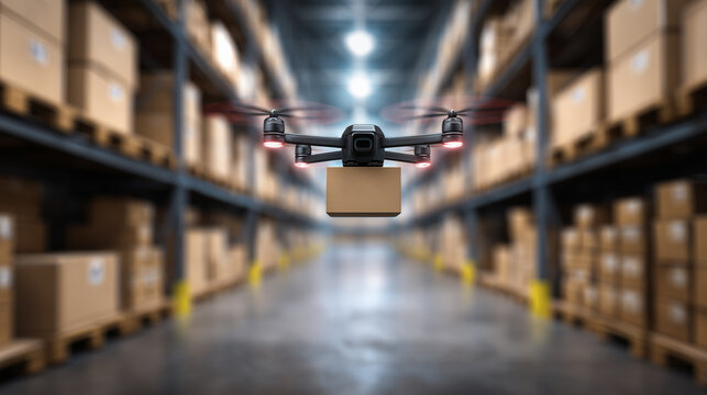 Delivery drone flying with cardboard package in a warehouse, logistics automation - Powered by Adobe