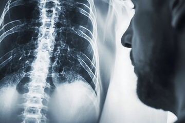 Man viewing medical x-ray examining his lungs and spine