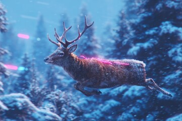 Majestic deer soaring through snowy forest, illuminated by vibrant neon lights