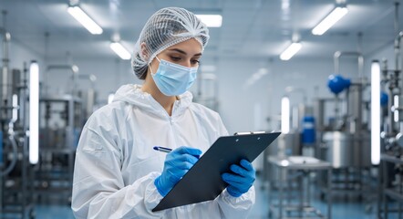 Female worker in protective suit and mask writing on clipboard in pharmaceutical factory. Quality control inspector checking production process in sterile industrial plant