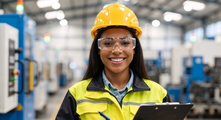 Happy female factory worker portrait. Industrial engineer woman with hard hat and safety goggles holding clipboard. Manufacturing warehouse supervisor checking inventory