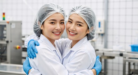 Happy Asian female factory workers hugging in a sterile industrial plant. Two smiling women in lab coats and hairnets embracing. Teamwork and friendship concept