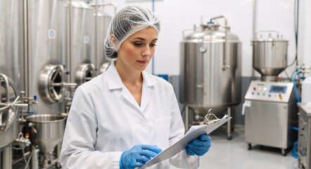Female quality control inspector with clipboard in a modern brewery. Woman scientist checking production process in factory