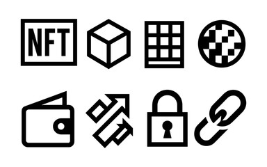 Blockchain and cryptocurrency icons set featuring nft, wallet, and lock symbols