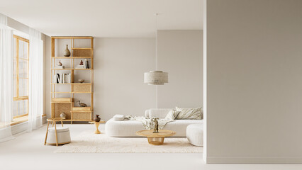 Neutral shades and refined wooden accents shape this minimal serene interior with wide negative space and gentle daylight, providing clean text space for calm, modern visuals. 3D illustration