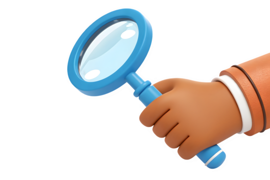 Childs hand holding a blue magnifying glass isolated on transparent background