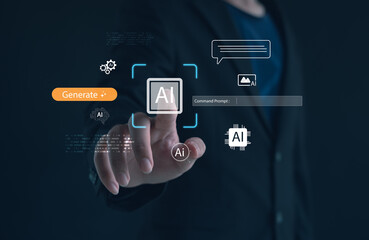 Futuristic AI interface with business hand touching virtual icons, showcasing artificial intelligence technology, innovation, digital transformation, modern UI design for tech solutions and automation