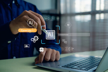 person using a digital pen to interact with futuristic AI interface icons on laptop, representing artificial intelligence innovation, smart technology solutions, automation, modern digital workflow.
