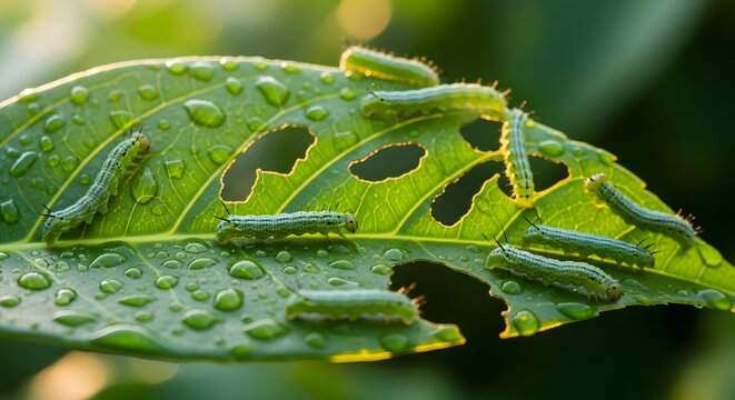 Green caterpillars on a vibrant green leaf with water droplets close up