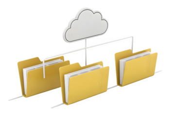 Digital cloud storage connected to organized file folders isolated on transparent background