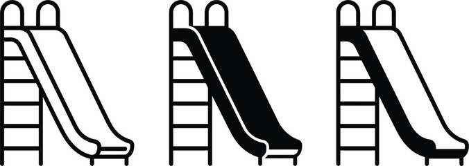 Set of Three Playground Slide Icons, Outline Glyph and Mixed Styles, Children's Park Recreation Equipment Fun Symbol, Simple Monochrome Vector Graphic