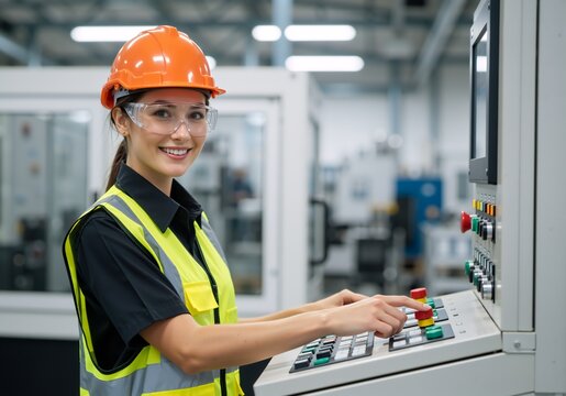 Female factory worker operating industrial machine control panel. Happy woman engineer in safety gear and hard hat in modern manufacturing plant - Powered by Adobe