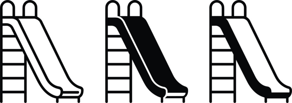 Set of Three Playground Slide Icons, Outline Glyph and Mixed Styles, Children's Park Recreation Equipment Fun Symbol, Simple Monochrome Vector Graphic