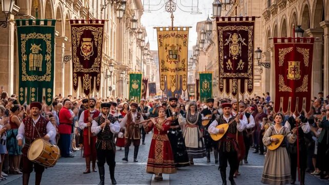 Medieval Festival Parade with Banners and Musicians.