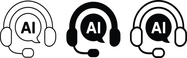 Set of Three AI Customer Support Icons, Outline Glyph and Mixed Styles, Artificial Intelligence Service Technology Chatbot Symbol, Monochrome Vector Graphic