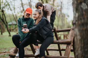 A group of friends sits on a rustic wooden fence in a park, smiling as they pose for a selfie. They...